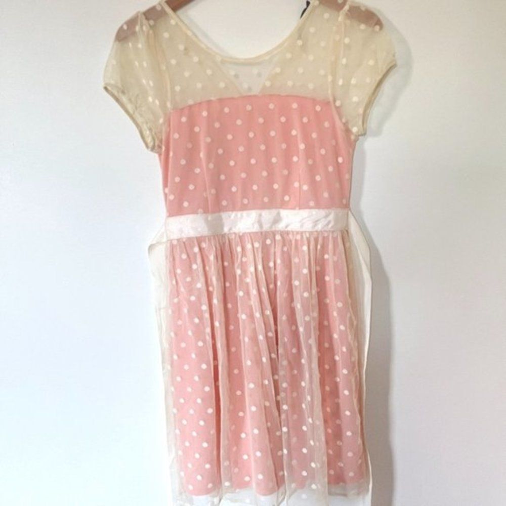 ModCloth Doe Rae pink polka dot with cream lace sundress